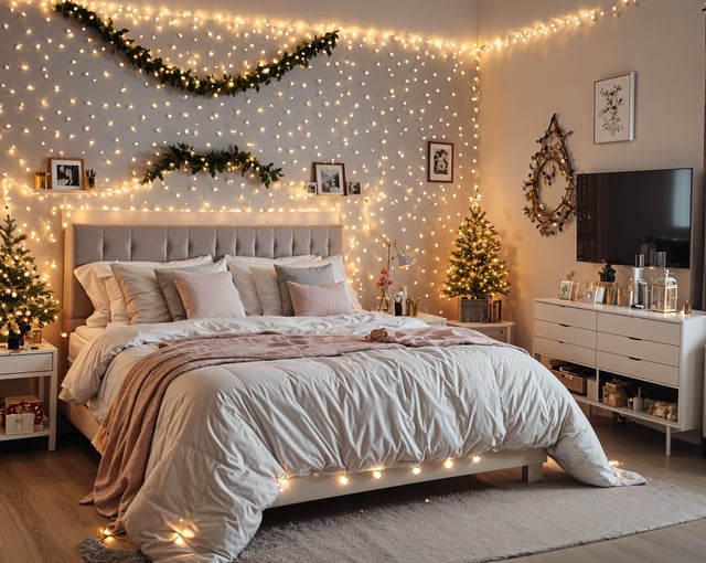 A bedroom with a large bed, white comforter, pink blanket, white pillows, and a small tree in the corner. The room is decorated with Christmas lights.