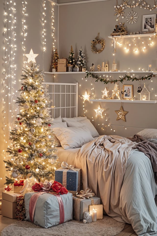 A bedroom with a Christmas tree and stars on the wall. The bed is covered with a white comforter.