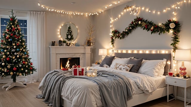 Bedroom with a fireplace and Christmas decorations