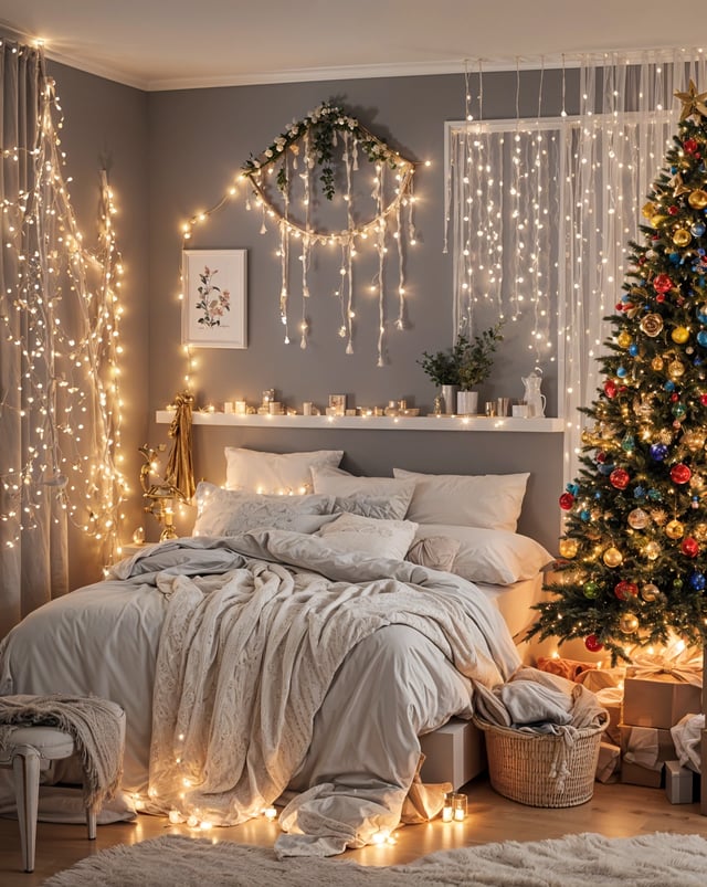 A cozy bedroom with a white bed and a Christmas tree. The room is decorated with Christmas lights and ornaments.