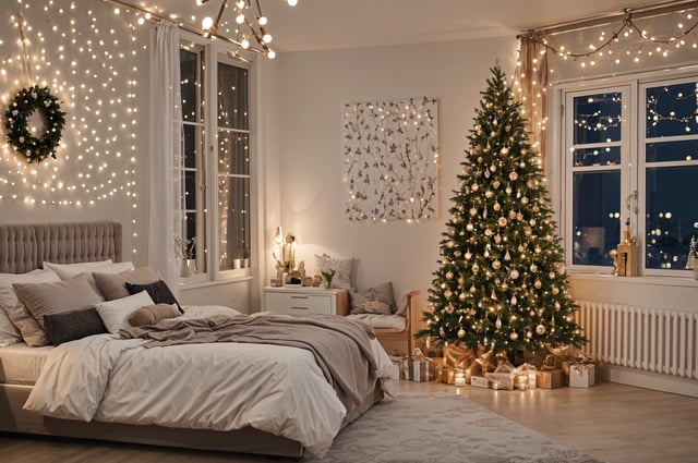 A bedroom with a Christmas tree and lights. The bed is neatly made and a chair is placed nearby.