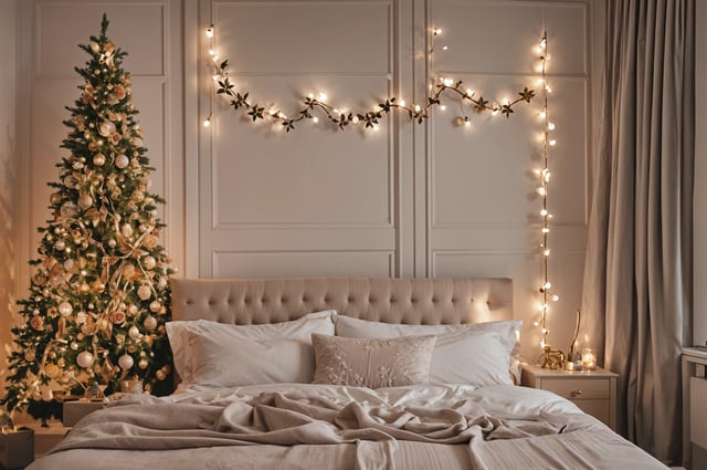 Bedroom scene with a bed and a Christmas tree in the corner. The bed is covered in white sheets and has a white comforter. The room is decorated with lights and a garland hanging above the bed.