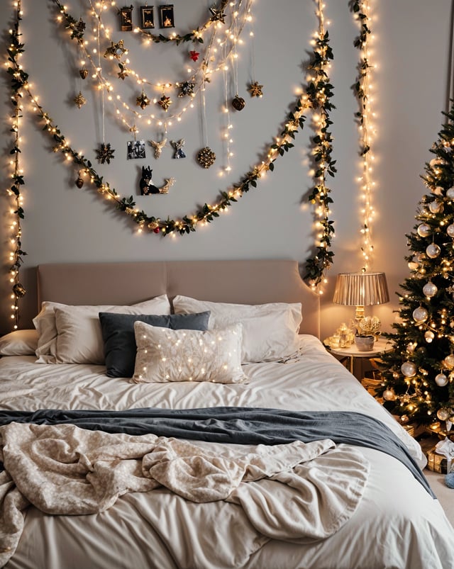 Bedroom with a bed and a Christmas tree. The bed is covered with a white comforter and has a gray blanket. The bed is decorated with Christmas lights and a garland. The bed has a white pillow with a gray pillow on top of it. The bed is positioned next to a Christmas tree.