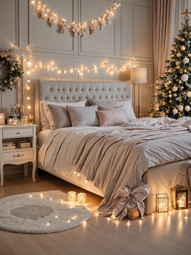 A bedroom scene with a bed adorned with white linens and a white comforter. The bed is positioned in front of a Christmas tree, and the room is decorated with fairy lights.