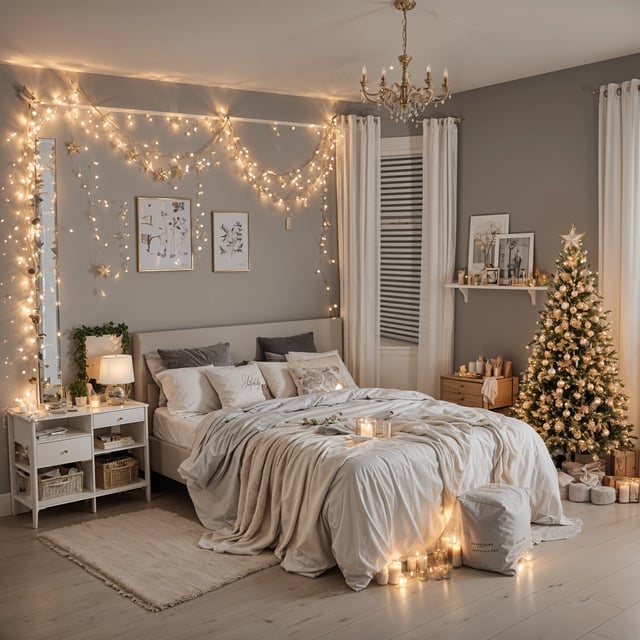 A white bedroom with a white bed, a Christmas tree, and a chandelier. The room is decorated with lights and candles, creating a warm and inviting atmosphere.