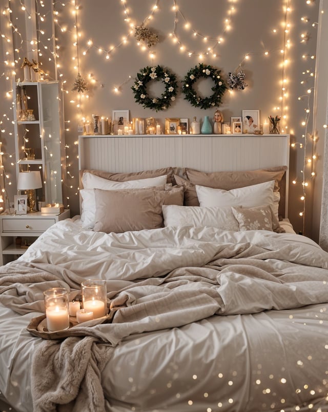 A bedroom with a large bed, candles, and a wreath. The room is decorated with pictures and a mirror.