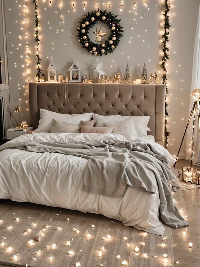A bedroom with a white bed and a green headboard. The bed is covered with a white comforter and has a pink throw on it. The room is decorated with Christmas lights and ornaments, giving it a festive and cozy atmosphere.