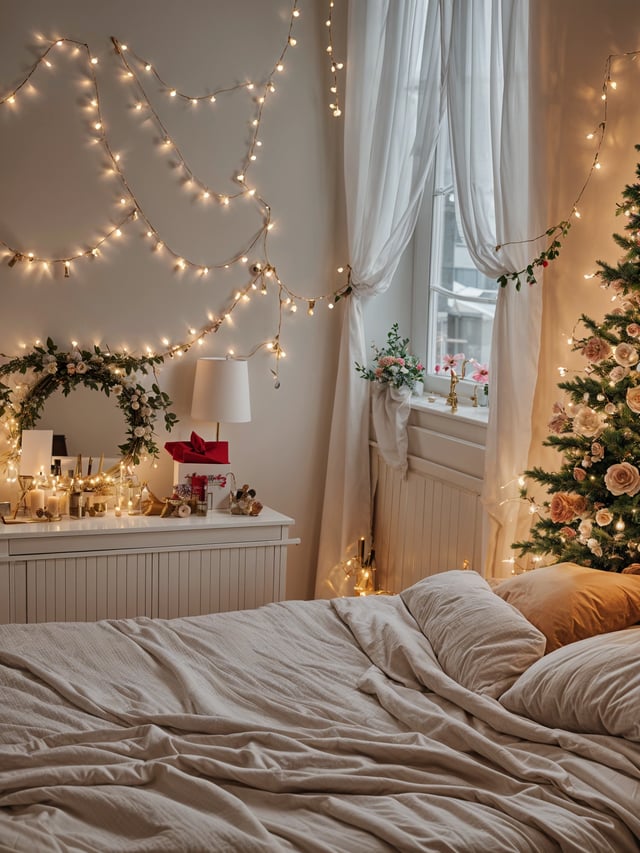 A bedroom with a bed, Christmas tree, and lights. The room is decorated with flowers, creating a warm and inviting atmosphere.