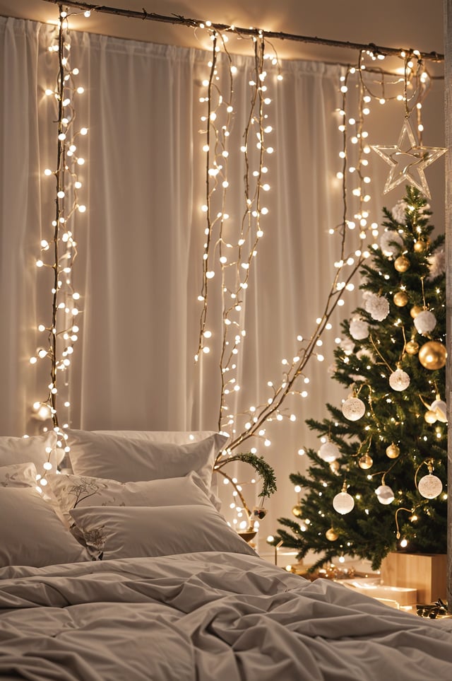 A bedroom with a Christmas tree and lights. The bed is covered in white sheets and pillows. The room is decorated with Christmas lights and a tree. The lights are strung across the room, creating a festive atmosphere.