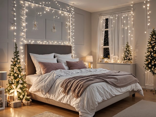 A bedroom with a bed and Christmas lights on the wall. The bed is covered in white linens and has a brown blanket on top.