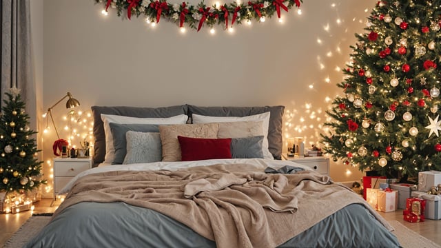A bedroom with a bed and a Christmas tree in the corner.