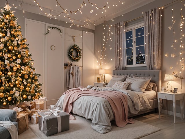 A bedroom with a bed under a Christmas tree and lights. The bed is covered with a pink blanket and has a white comforter.
