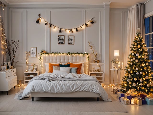 A bedroom with a bed and a Christmas tree in the corner. The bed is decorated with Christmas lights and has a white comforter. The room also features a table with a lamp and a potted plant.