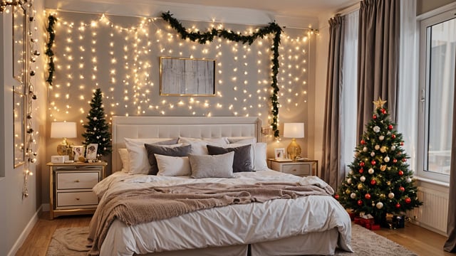 A bedroom with a large bed and Christmas lights on the wall. The bed is covered in a white comforter and has a white headboard. The room is decorated for Christmas with a tree in the corner.