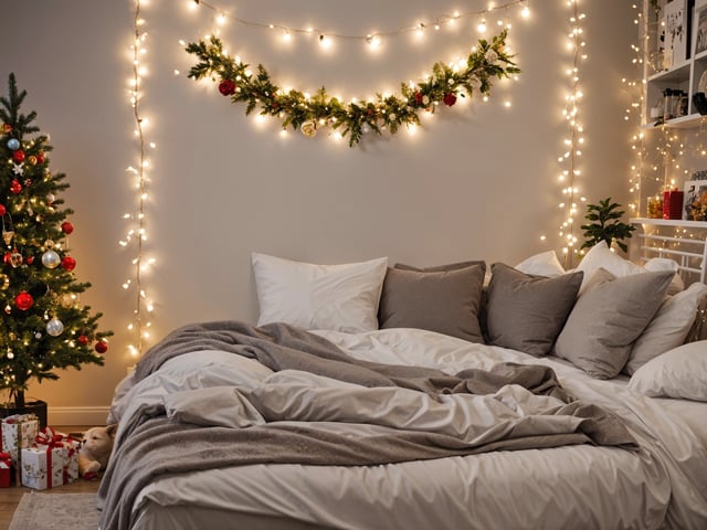 A bedroom scene with a bed under a string of lights.