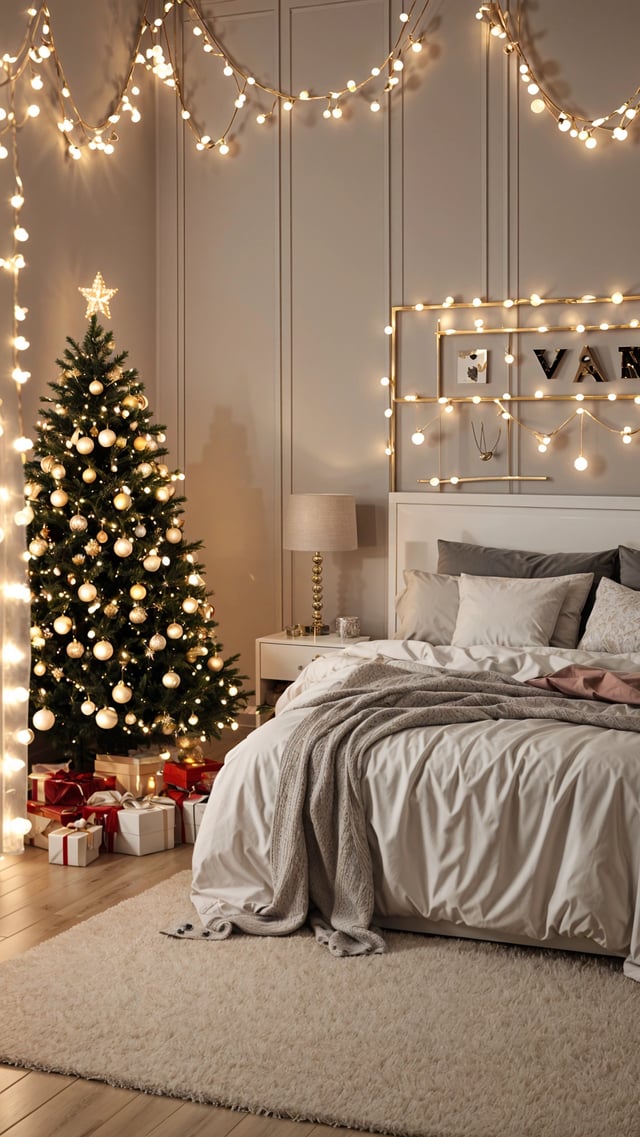 A bedroom with a Christmas tree and lights in the corner.