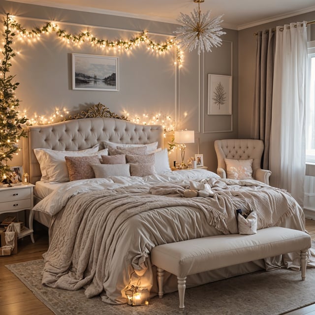 A white bed with a white comforter and a white pillow on it. The room is decorated with Christmas lights and a Christmas tree.