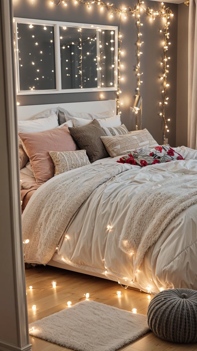 A bedroom with a bed covered in white sheets and a lace comforter. The bed is adorned with red roses and has lights on the bedspread.
