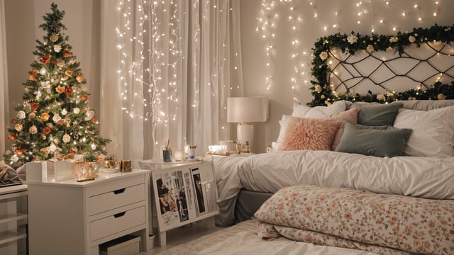 A cozy bedroom with a white bed, pink throw pillow, floral print pillow, and a nightstand with a cup and a book on it.