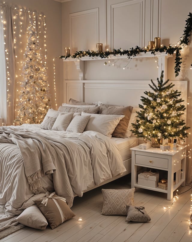 A bedroom with a white bed and a small tree. The room is decorated with Christmas lights and the bed is covered in a white comforter.