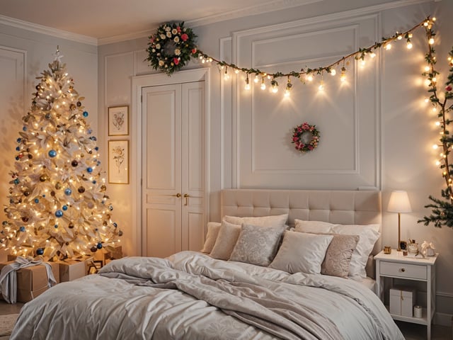A bedroom with a white bed and a Christmas tree. The room is decorated with lights and a wreath on the door.