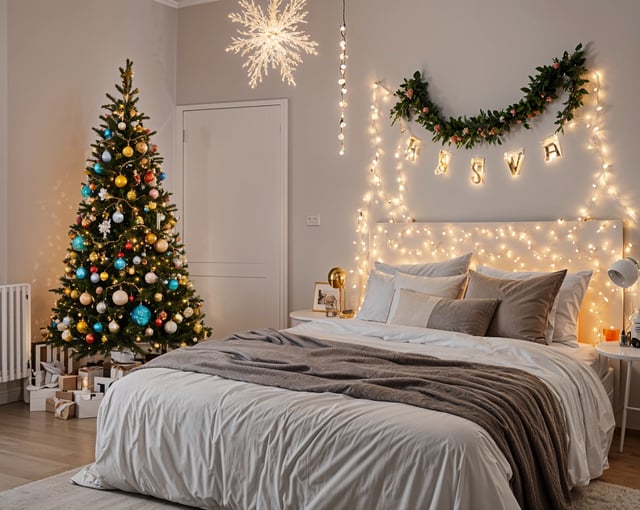 A bedroom with a Christmas tree and lights. A bed with a white comforter and grey throw.