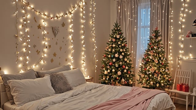 A bedroom with a bed and two Christmas trees in the corner, decorated with white lights.