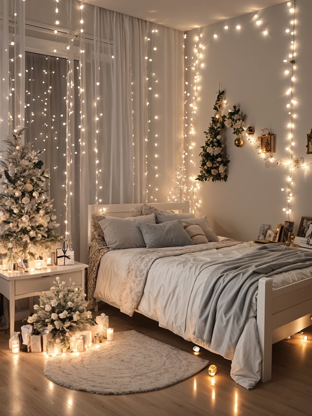A bedroom with a white bed and Christmas decorations. The bed is covered in white pillows and a white comforter. The room is decorated with white lights and a garland.