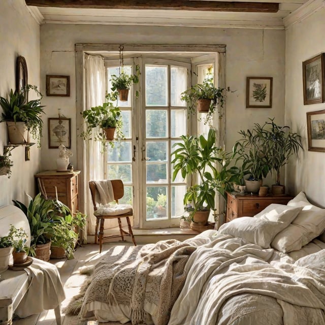 Cottage bedroom with a large bed, a chair, and several potted plants. The room is filled with natural light from the open window, creating a warm and inviting atmosphere.