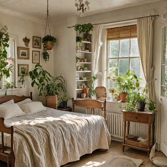 A cozy cottage bedroom with a large bed, a window, and several potted plants.