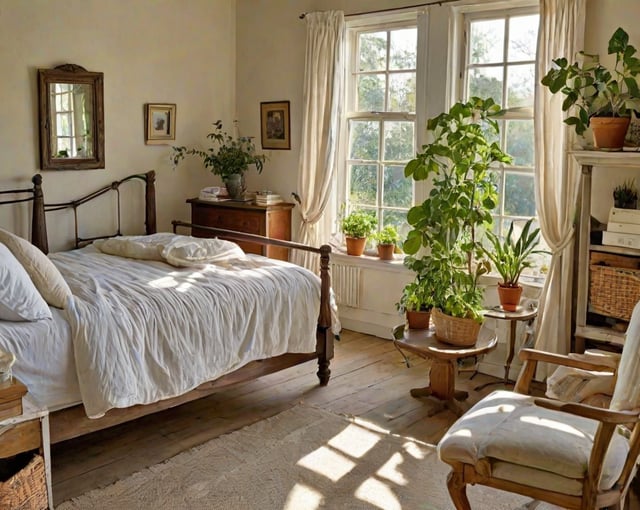 A cozy cottage bedroom with a large bed, a chair, and a window. The room is decorated with potted plants and vases, creating a warm and inviting atmosphere.