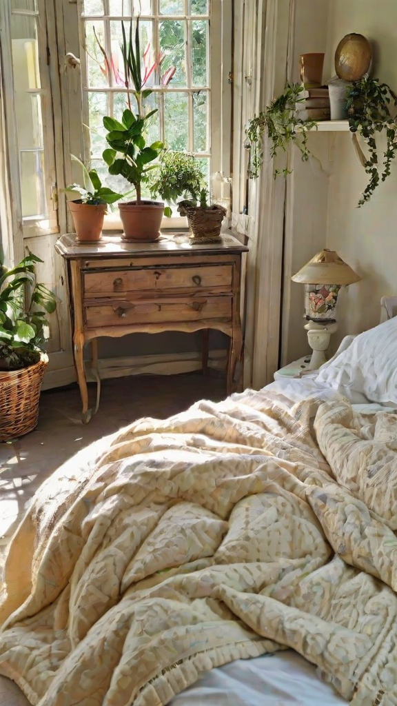 A bedroom with a bed, dresser, and potted plants. The bed is covered in a white comforter and there are several potted plants in the room.