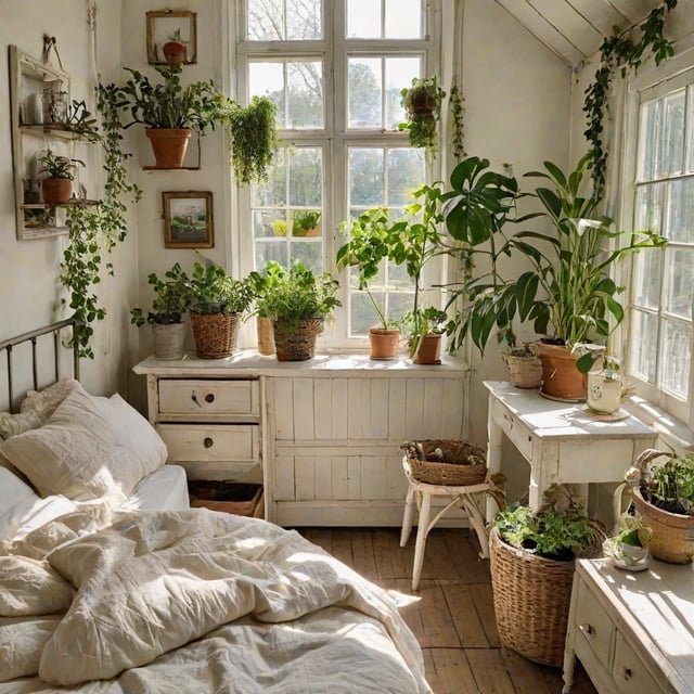 A cozy bedroom with a white bed and a window full of potted plants. The room has a rustic and charming design style, with a mix of natural elements and simple furnishings.