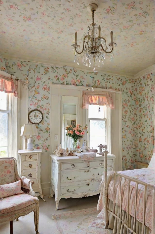A bedroom with a white dresser, a bed, and a clock. The room is decorated with floral wallpaper and has a chandelier hanging from the ceiling.