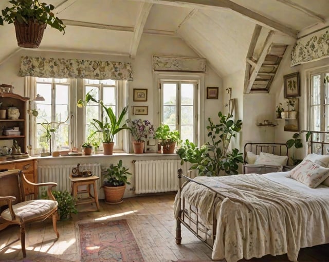 A bedroom with a bed, a chair, and many potted plants. The room is filled with greenery and has a cozy atmosphere.