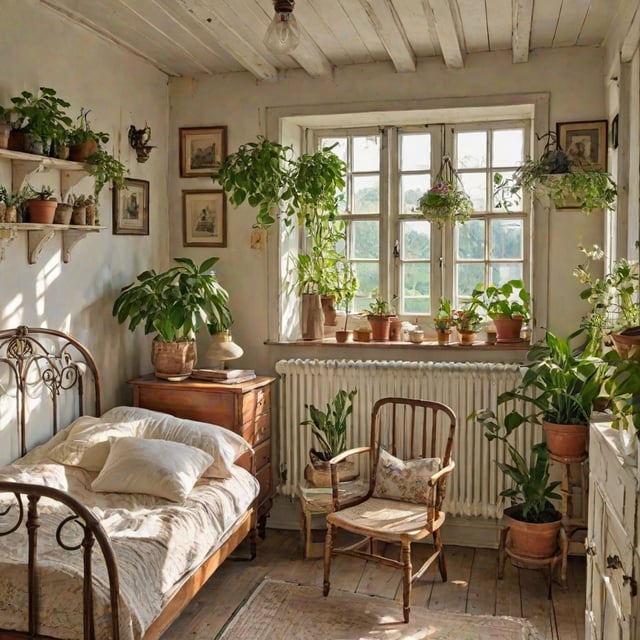 A cozy bedroom with a bed, chair, and numerous potted plants