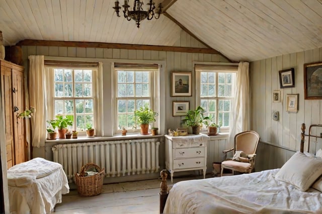 A cozy cottage bedroom with a white bed and a window with potted plants. The room is decorated with various vases and potted plants.