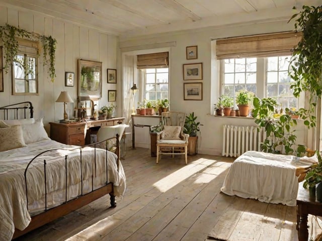 A cozy cottage bedroom with two beds, a chair, and a large window. The room is filled with various potted plants, creating a warm and inviting atmosphere.