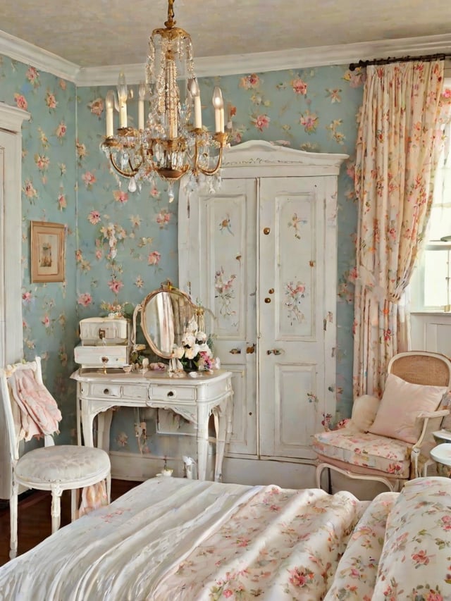 A bedroom with a floral theme and chandelier.