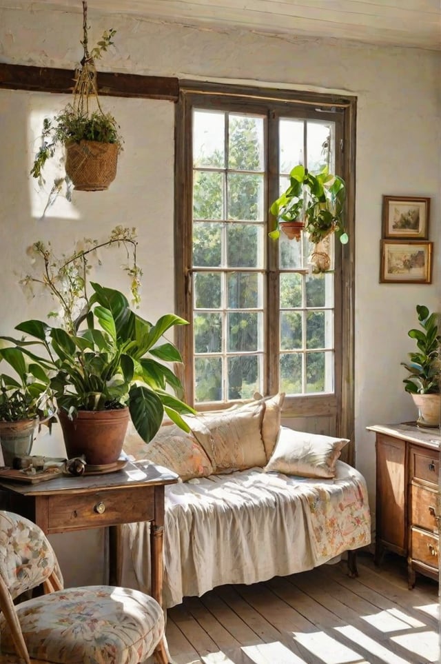 Cottage bedroom with a small bed, potted plants, and a window