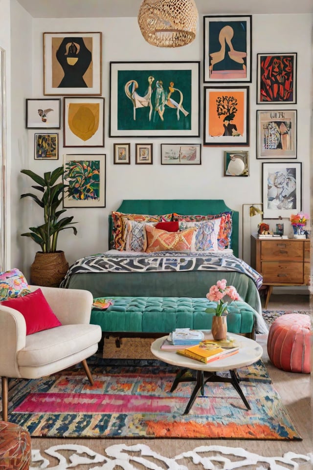A cozy eclectic bedroom with a green headboard and colorful comforter. The room also contains a chair, couch, table, and potted plant.