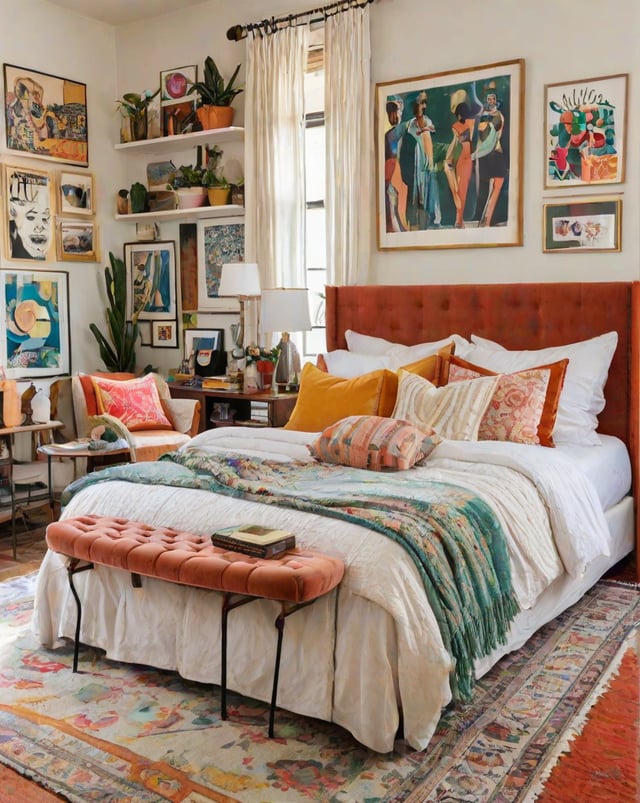 A bedroom with an eclectic design style, featuring a colorful comforter and a variety of pillows on the bed. The room also includes a chair, a couch, and several potted plants.