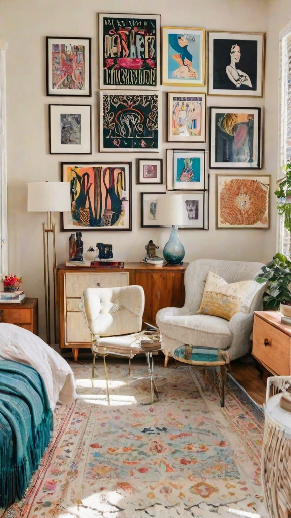 Eclectic living room with a mix of furniture and art