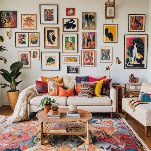 A living room with eclectic art and furniture, featuring a white couch with colorful throw pillows and a coffee table with a rug on top.