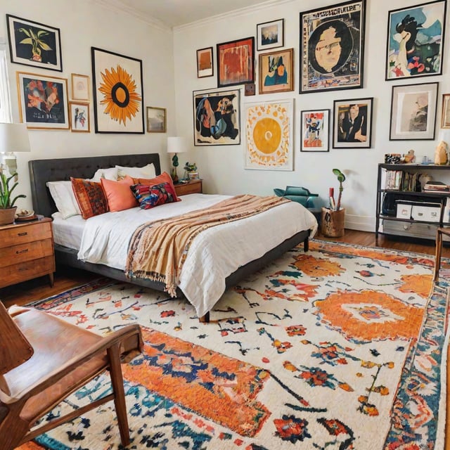 A cozy bedroom with a large bed, rug, and eclectic artwork.