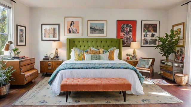 A bedroom with a large bed, a bench, and a green headboard. The bed is covered in a blue comforter with a pink throw on it.