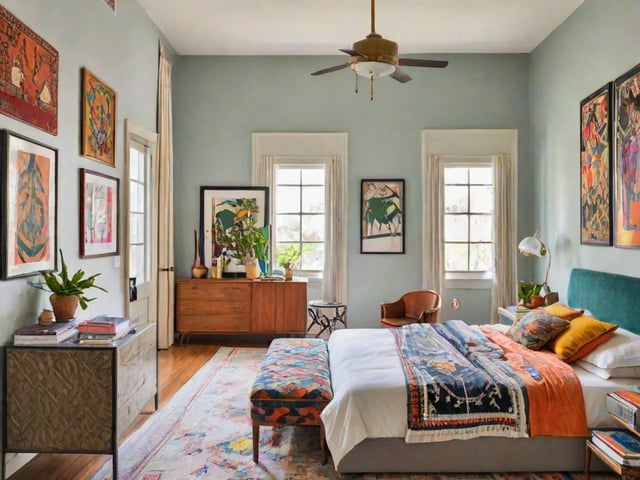 Eclectic bedroom with a large bed, chair, and dresser