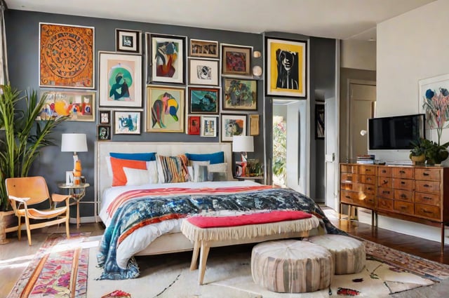 A bedroom with a large bed, eclectic artwork, and a rug and bench.