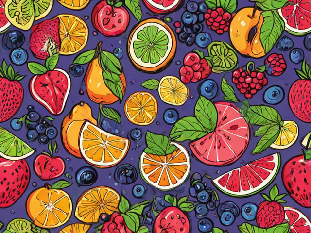 Fruit mix design with apples, oranges, pears, blueberries, raspberries, and lemons arranged in a visually appealing manner.