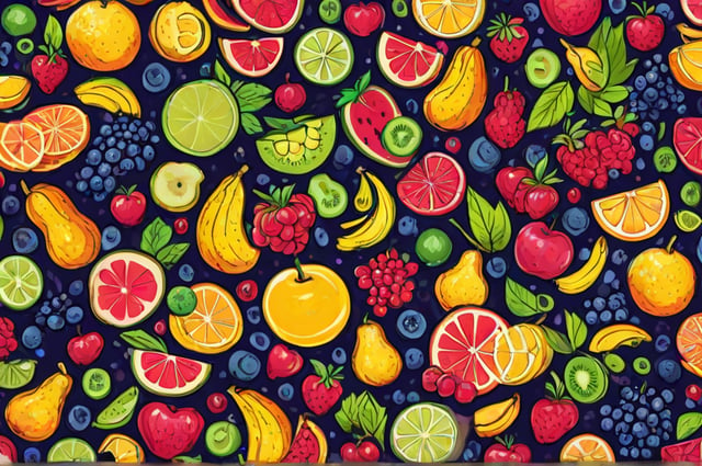 A colorful fruit pattern with a variety of fruits including apples, bananas, and oranges.